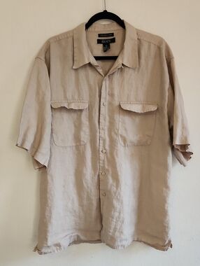Vintage Mens 100% Washable Linen Short Sleeve Button Down Shirt Beige XXL